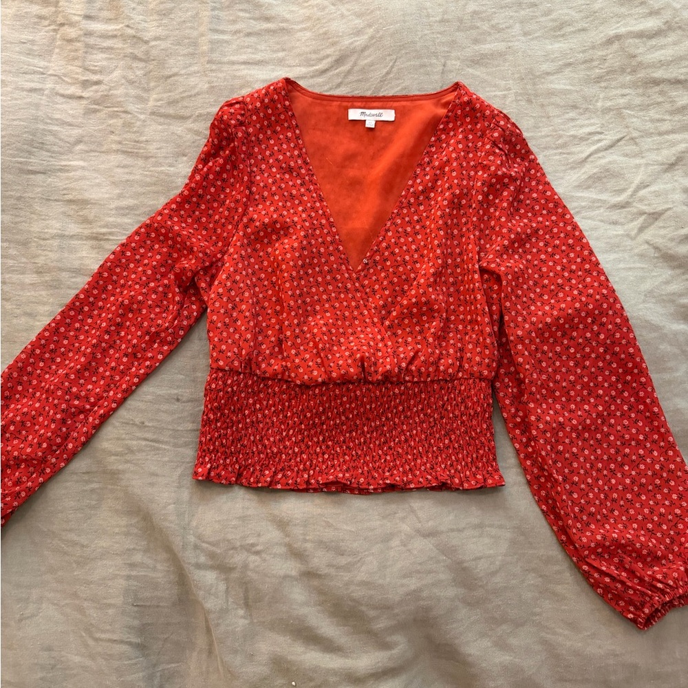 Madewell Red Patterned V-Neck Blouse